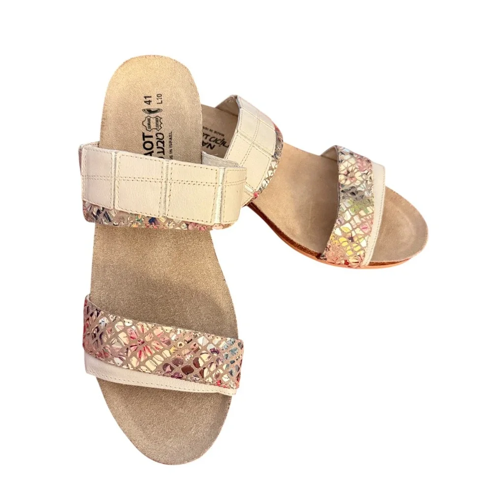 Naot Royalty Slide Sandals Ivory Floral Metallic Leather Womens size 10 Nwob